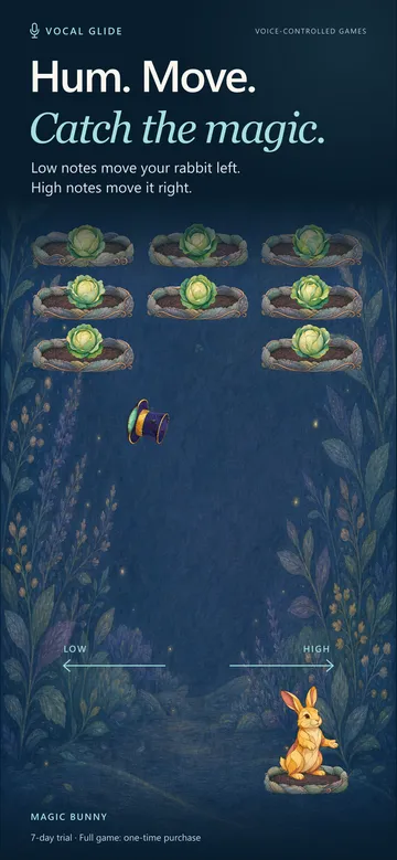 Hum, move, catch: low notes move the rabbit left and high notes move it right to catch cabbages in Magic Bunny.